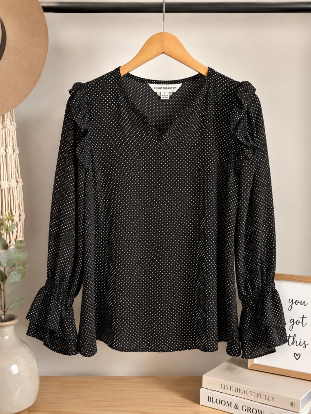 Counterparts Black Microdot Long-Sleeve Ruffle Blouse